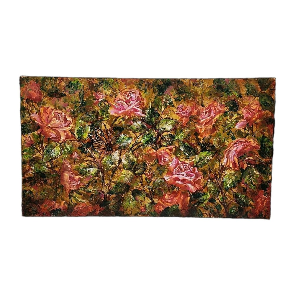 Vintage Oil Painting Pink Roses Butterfly Impasto Signed Frost 18x32 Canvas